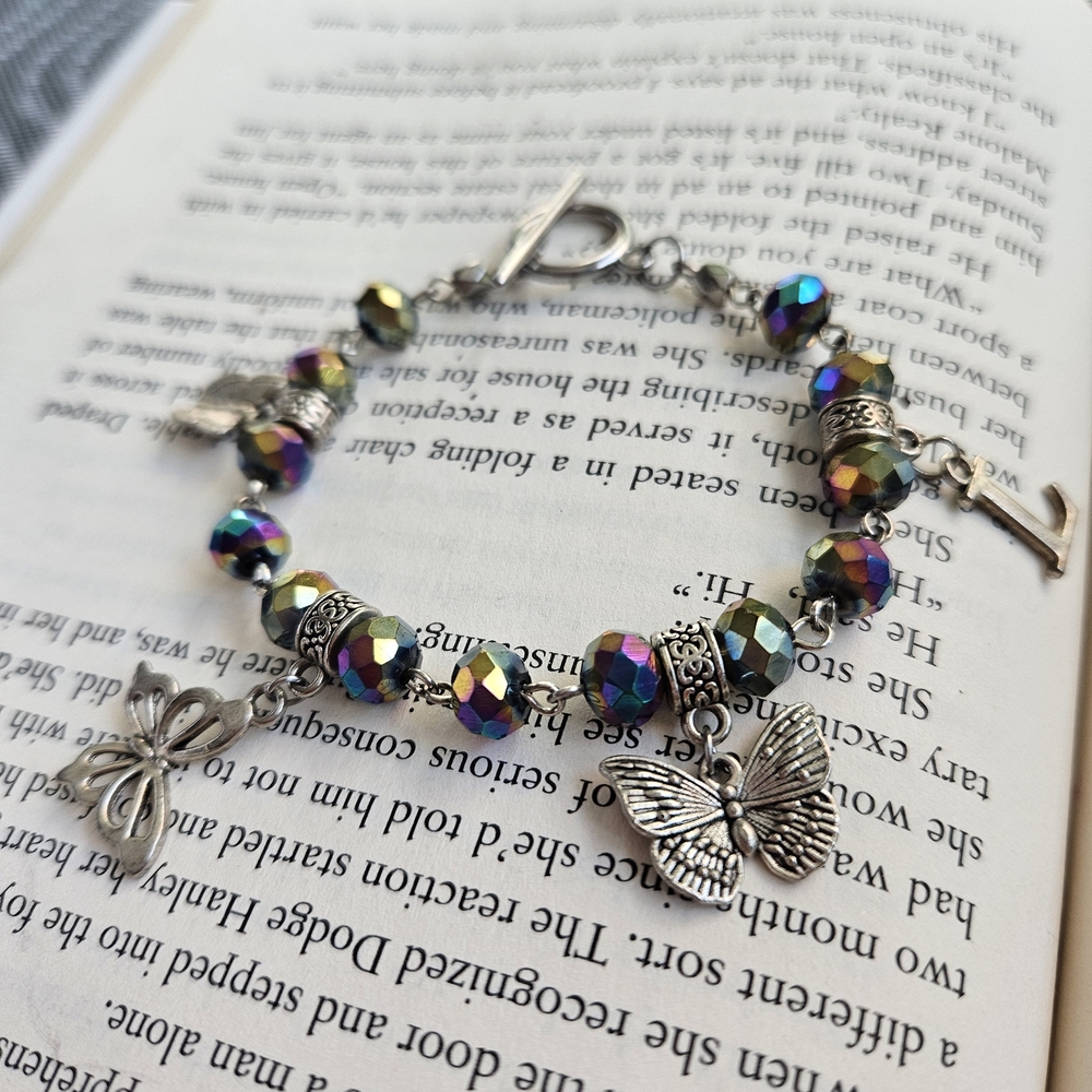 Multicolor Iridescent Bead Bracelet with Butterfly Charms - Women Jewelry